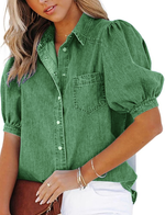 Women's Casual Puff Sleeve Denim Button-Down Shirt