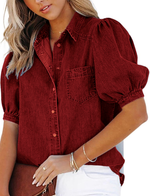 Women's Casual Puff Sleeve Denim Button-Down Shirt