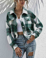 Women's Flannel Plaid Button Down Cropped Jacket