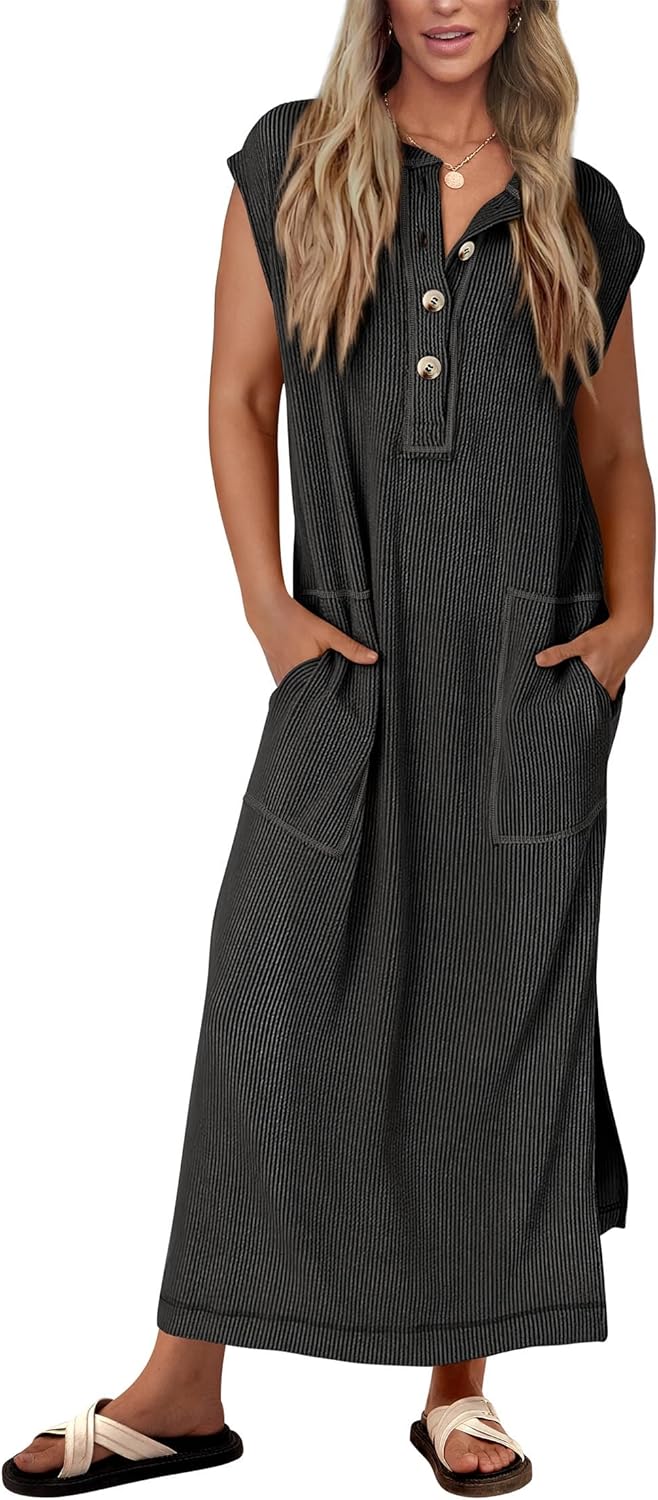 Women's Ribbed Henley Button Up Split Long Dress