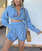 Long Sleeves Crop Shirt and Shorts Denim Set