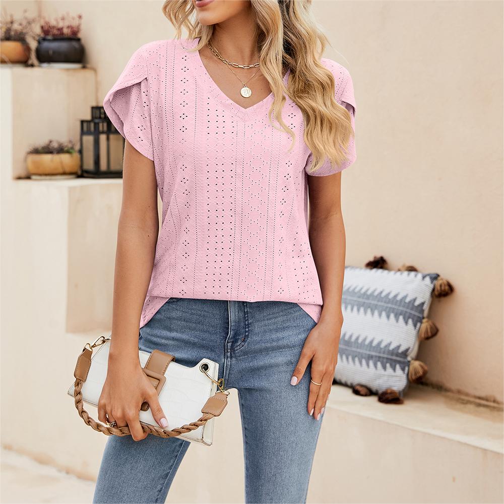 Solid color V-neck tile sleeve short-sleeved T-shirt