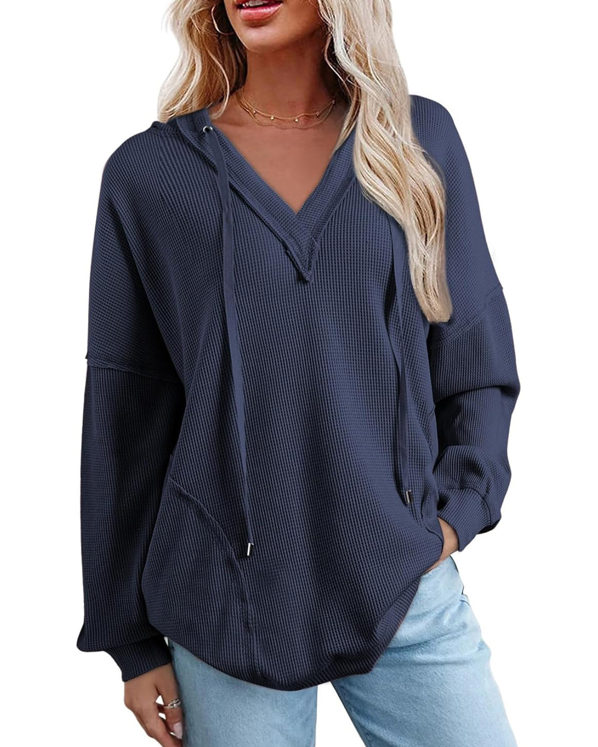 Women's Drawstring V Neck Waffle Hoodie