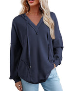 Women's Drawstring V Neck Waffle Hoodie