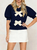 Women's Bow V-Neck Puff Sleeve Knit Top