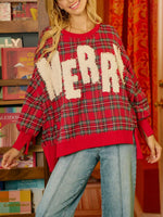 "MERRY" Fuzzy Letter Patches Christmas Plaid Sweatshirt