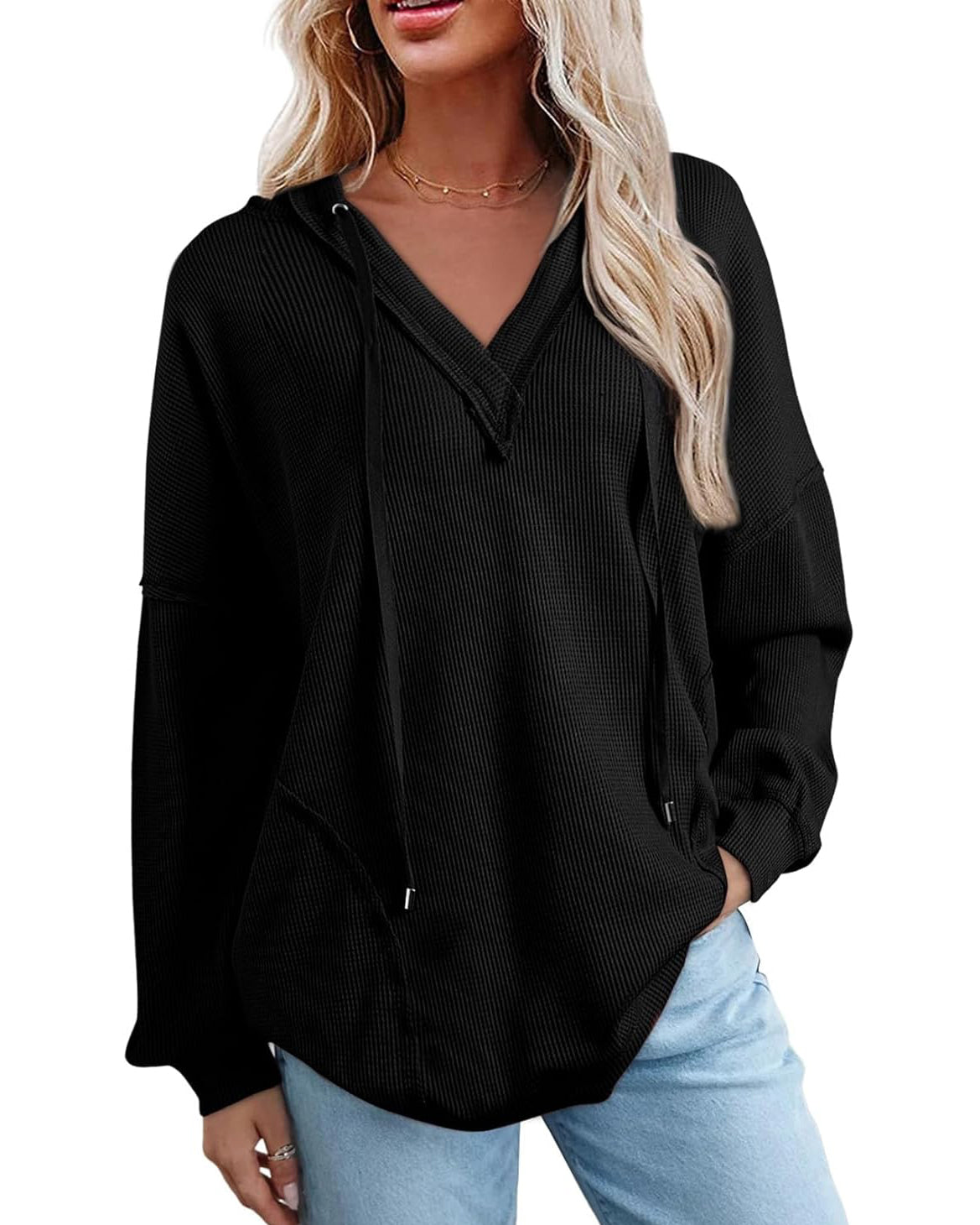 Women's Drawstring V Neck Waffle Hoodie