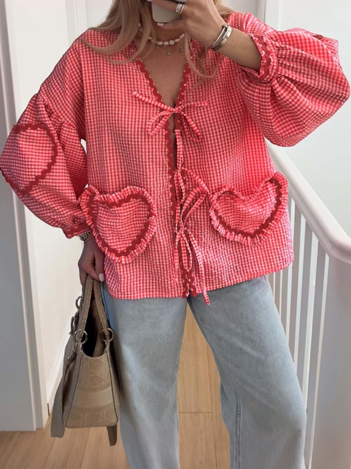 Women's Cute Tie-Front Gingham Heart Blouse