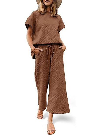 Women's Short Sleeve Tops and Cropped Wide Leg Pants Sweatsuit