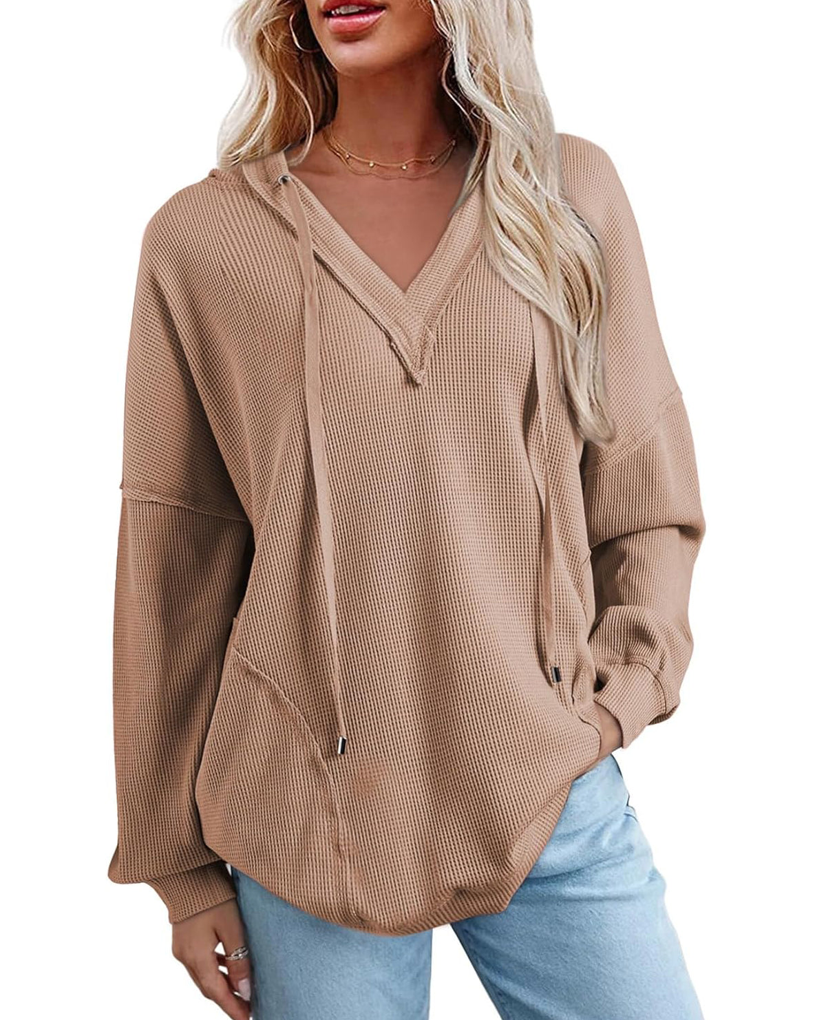 Women's Drawstring V Neck Waffle Hoodie