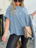 Washed Roll Sleeve Studded Oversized Short Sleeve Top