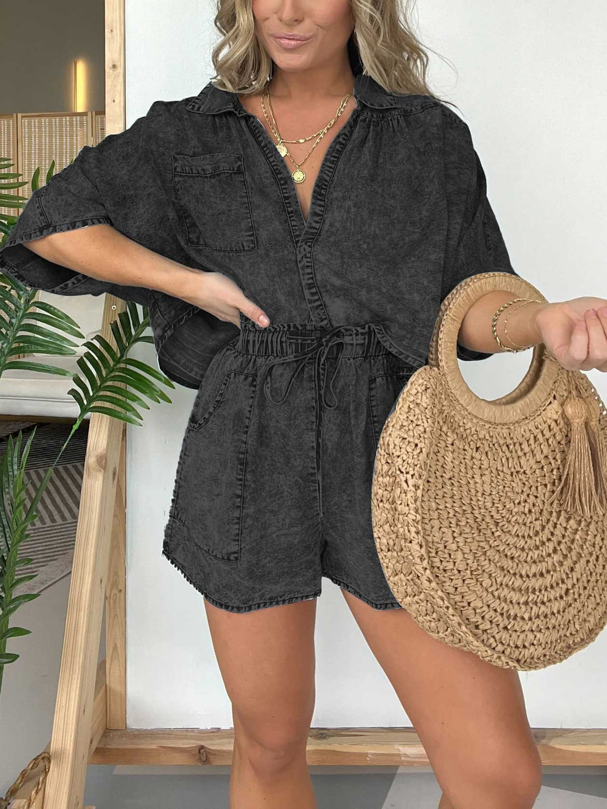 Women's Casual Washed Denim Tencel Set