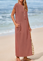 Women's Ribbed Henley Button Up Split Long Dress