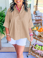 Women's Striped Button Shirt Side Slit Hem Swing Top