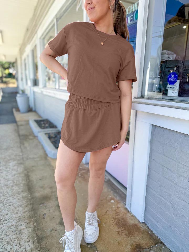 Women's Summer Solid Color T-Shirt and Skort 2Pcs Set