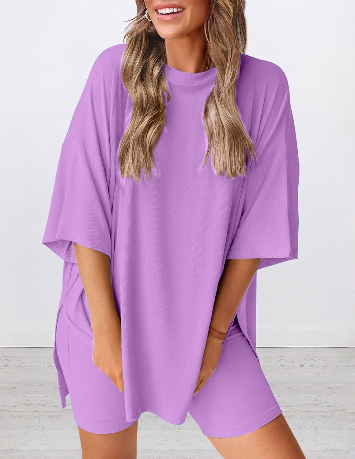 Women's Round Neck Side Slit Short Sleeve Top Tight Shorts Set