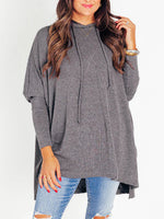 Women's Oversized Bat Sleeve Ribbed Hooded Pullover