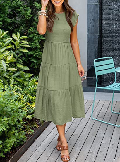 Women's Summer Casual Flutter Short Sleeve SmockedMidi Dress