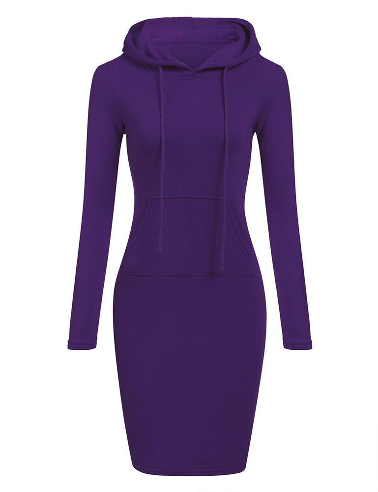 Women Pocket Knee Length Slim Casual Pullover Hoodie Dress