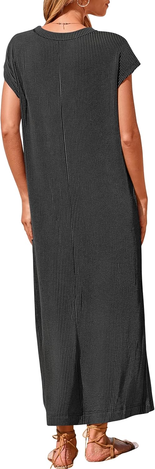 Women's Ribbed Henley Button Up Split Long Dress