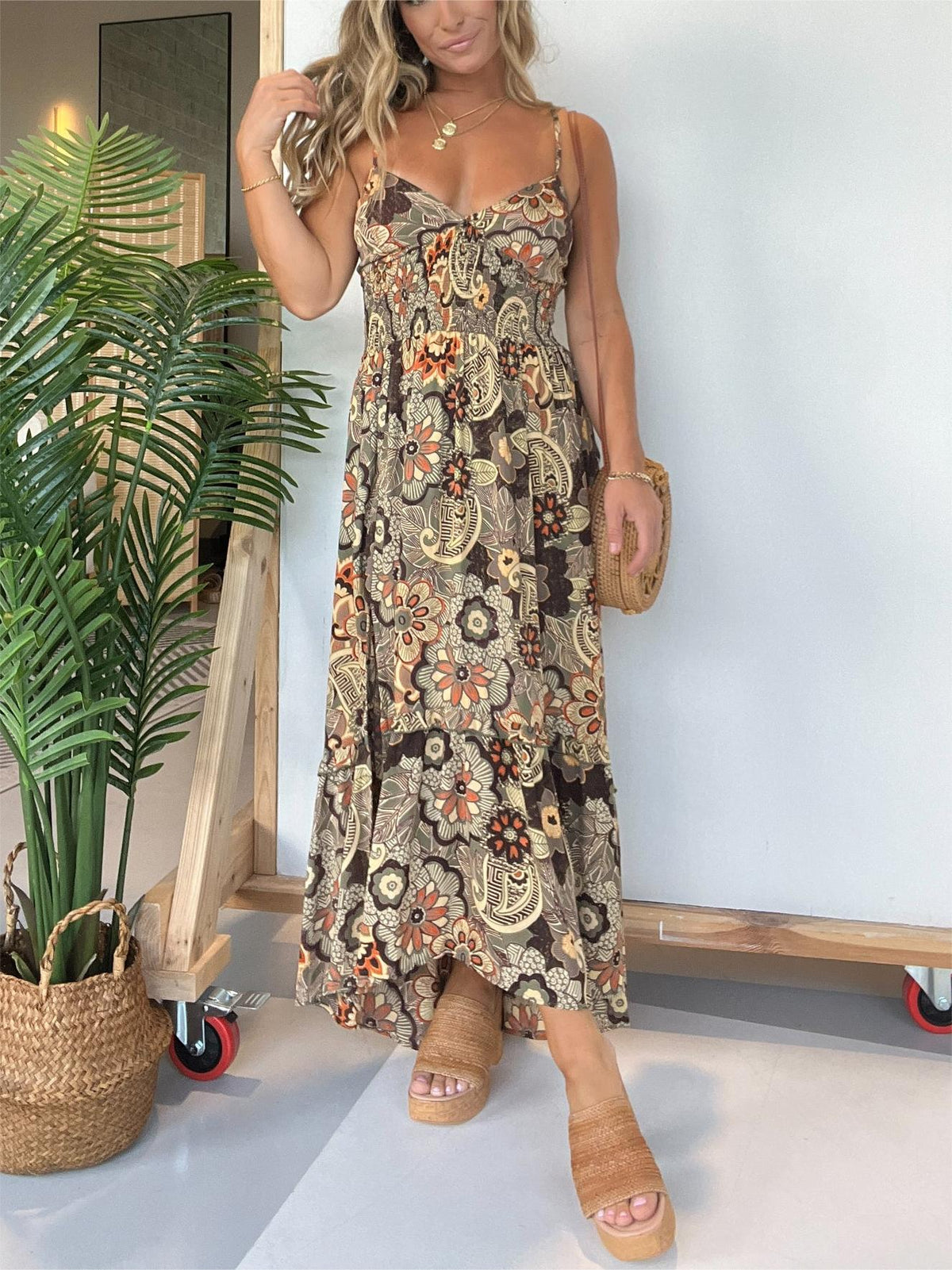 Spaghetti Strap Floral Hi Lo Hem Maxi Dress