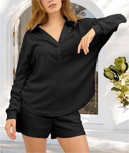 Women's Casual Waffle Two Pack V-Neck Top and Shorts Set