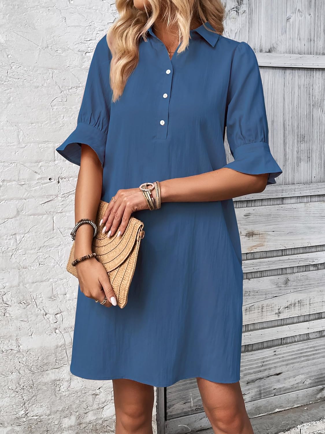 Women's Solid Ruffle Sleeve Button Down Shirt Dress