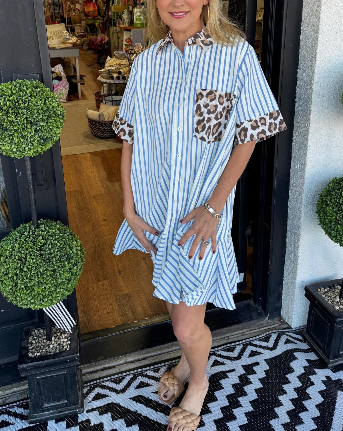 Women's Striped Animal Print Contrast Button Down Dress