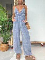 Women's Deep V Neck Tencel Denim Jumpsuit