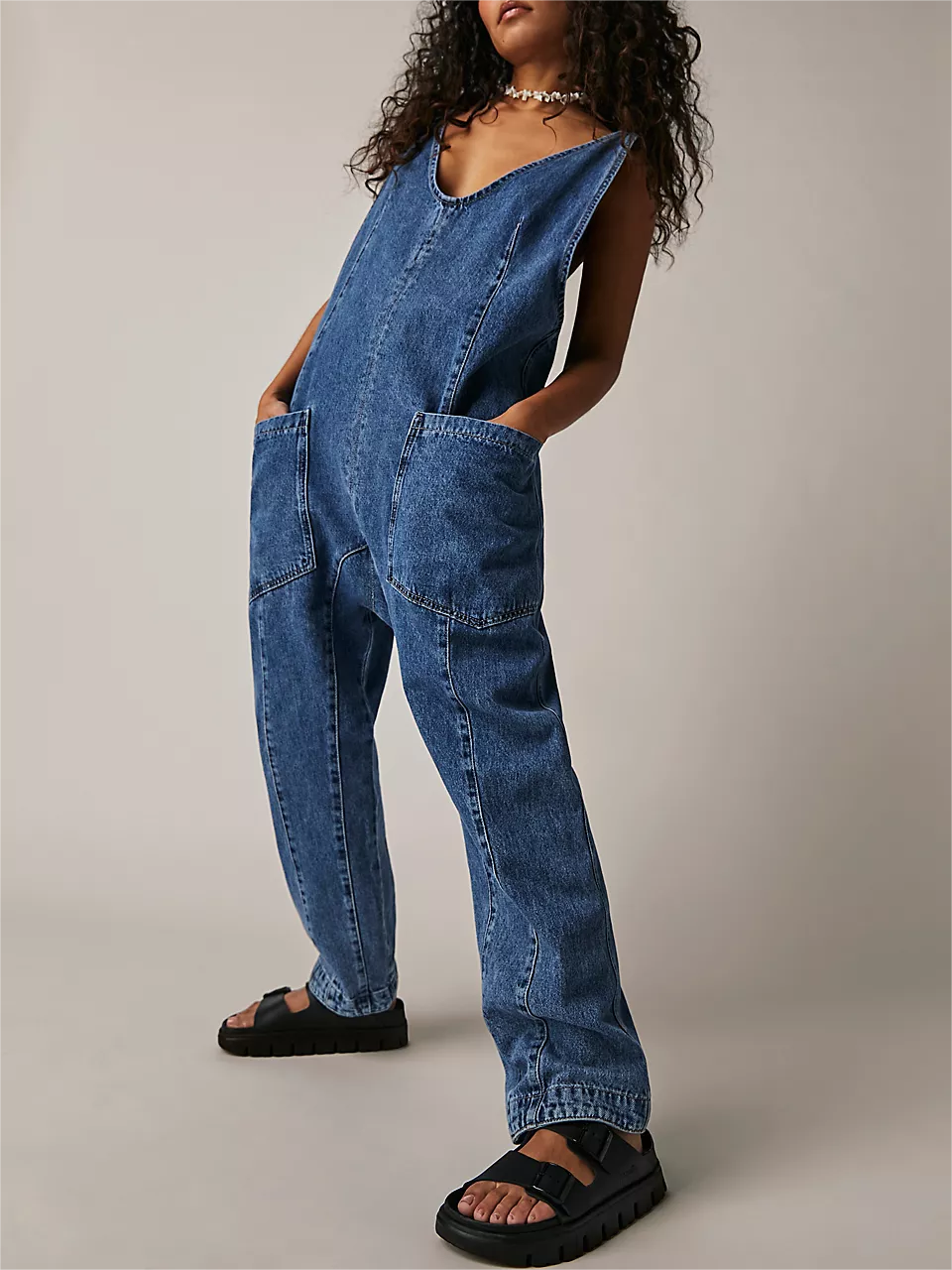 Women's Denim Sleeveless Loose Jumpsuit with Pockets