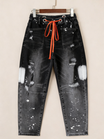 Casual Women's Distressed Drawstring Jeans