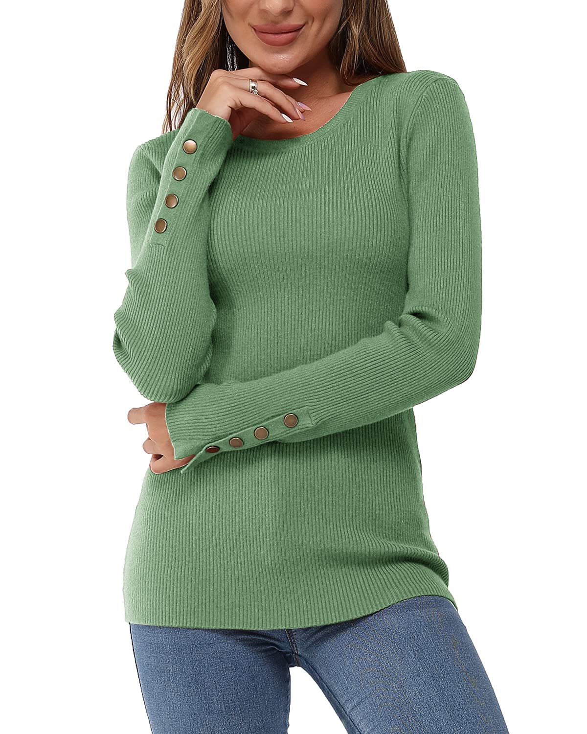 Women's Long-Sleeve Button Crew Neck Pullover Sweater