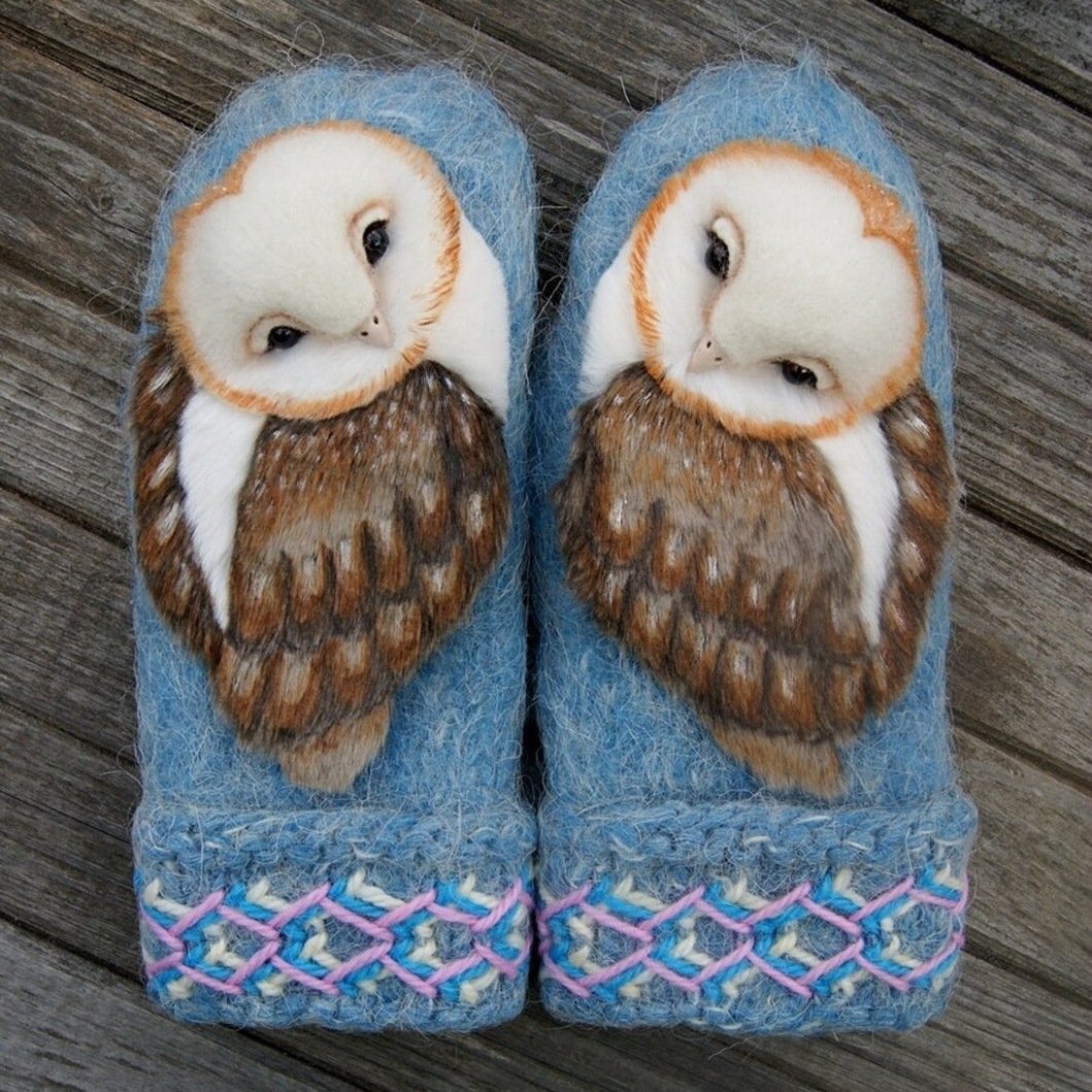 Hand Knitted Wool Nordic Mittens With Owls