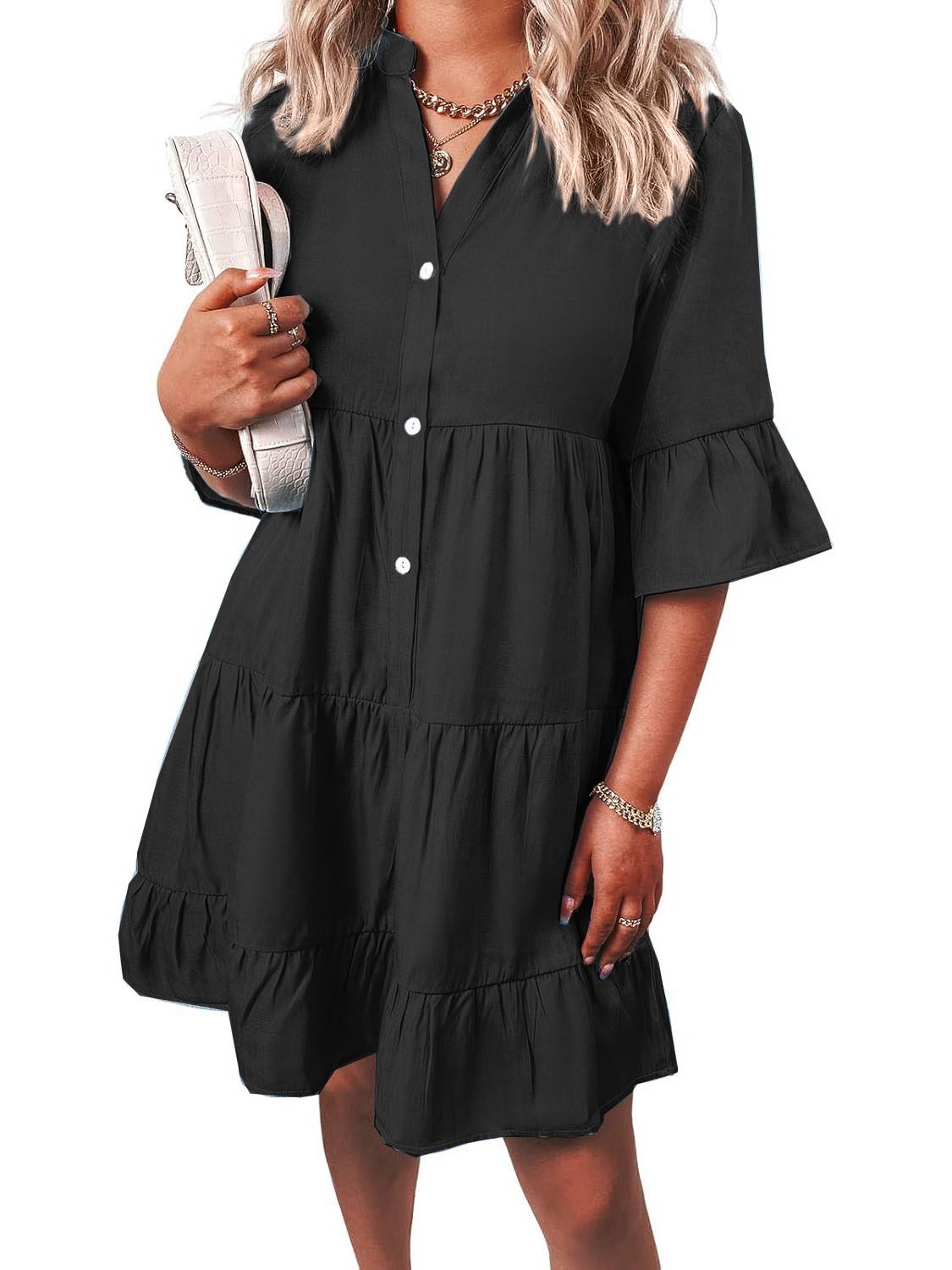 Women??s Casual V Neck Ruffle Short Sleeve Summer Dress