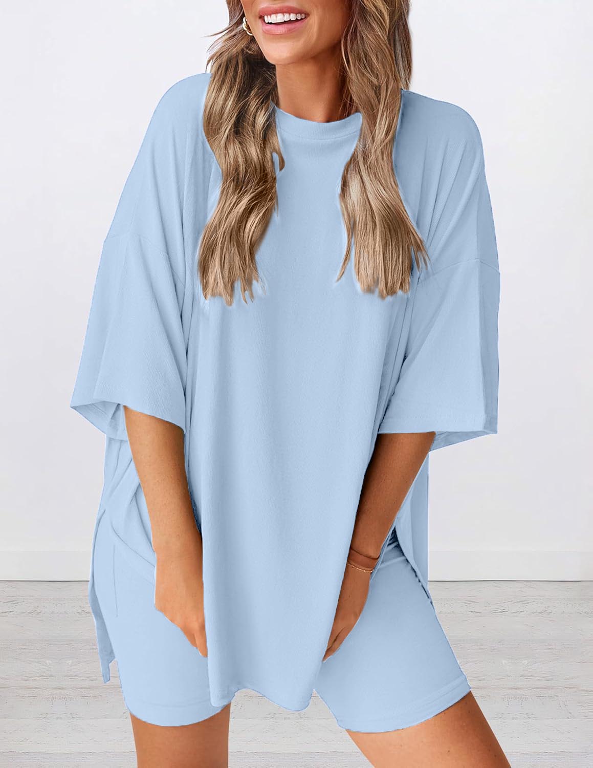 Women's Round Neck Side Slit Short Sleeve Top Tight Shorts Set