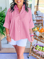 Women's Striped Button Shirt Side Slit Hem Swing Top