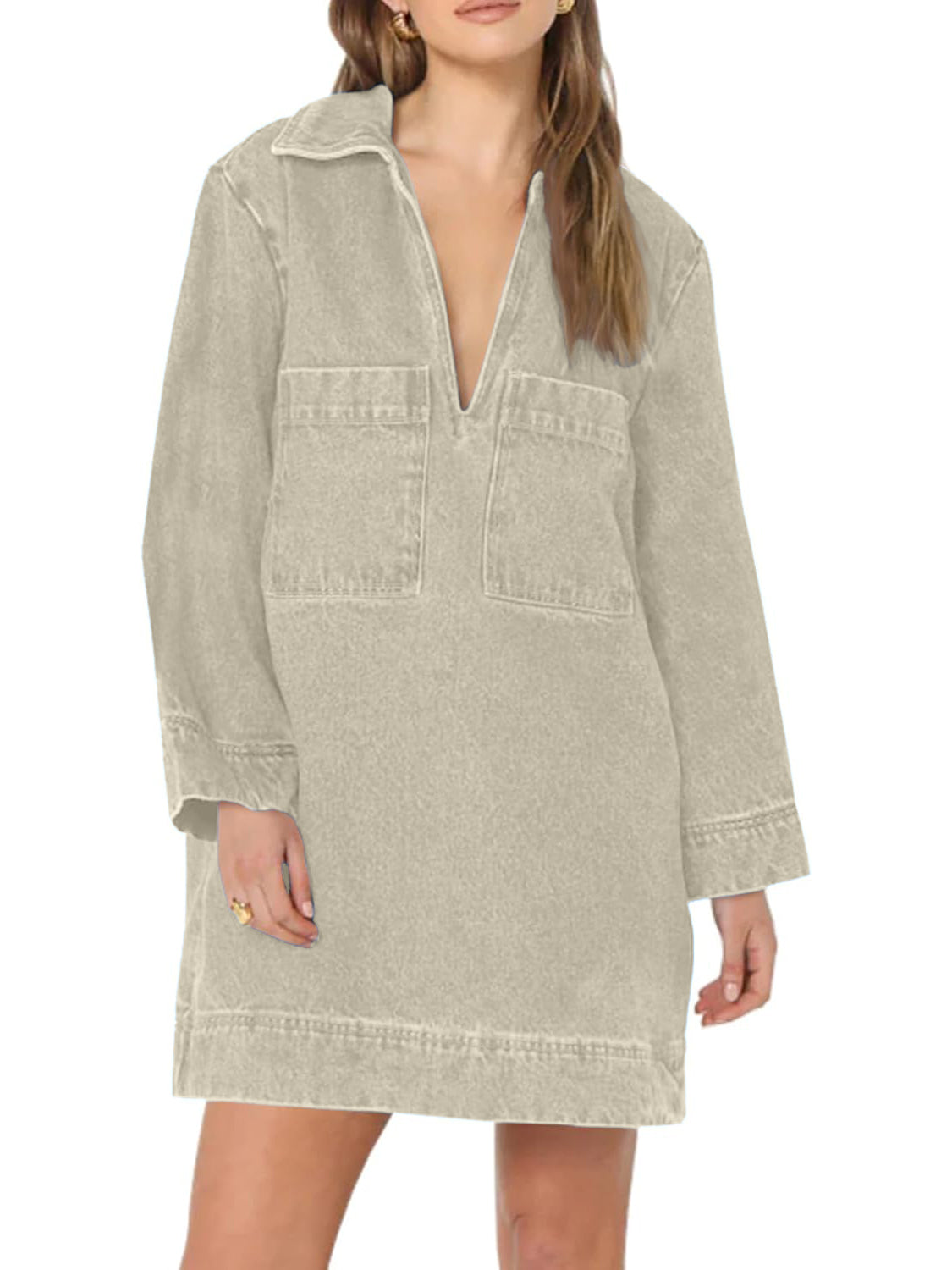 Women's Deep V Neck Denim Shirt Dress with Pockets