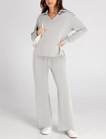 Women's Casual Polo Top and Wide Leg Pants Matching Sets
