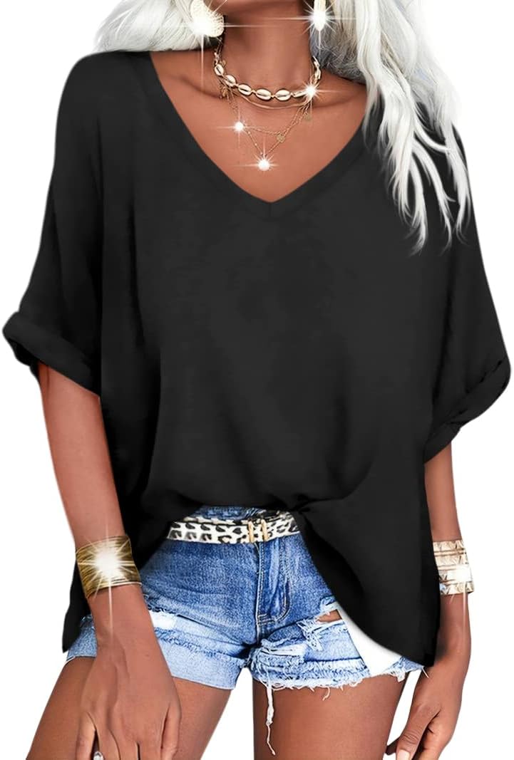 Women's Casual Oversized V-Neck Shoer Sleeve T-Shirt