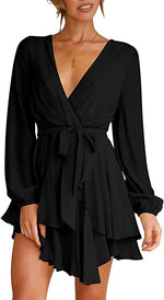Deep V-Neck Long Sleeve Waist Mini Swing Skater Dresses