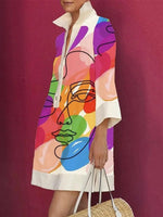 Women's Three-Quarter Sleeves Printed Lapel Shirt Dress