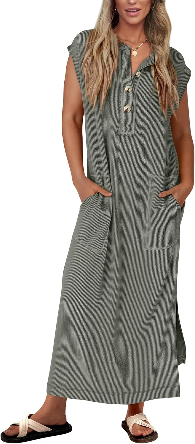 Women's Ribbed Henley Button Up Split Long Dress