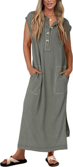 Women's Ribbed Henley Button Up Split Long Dress