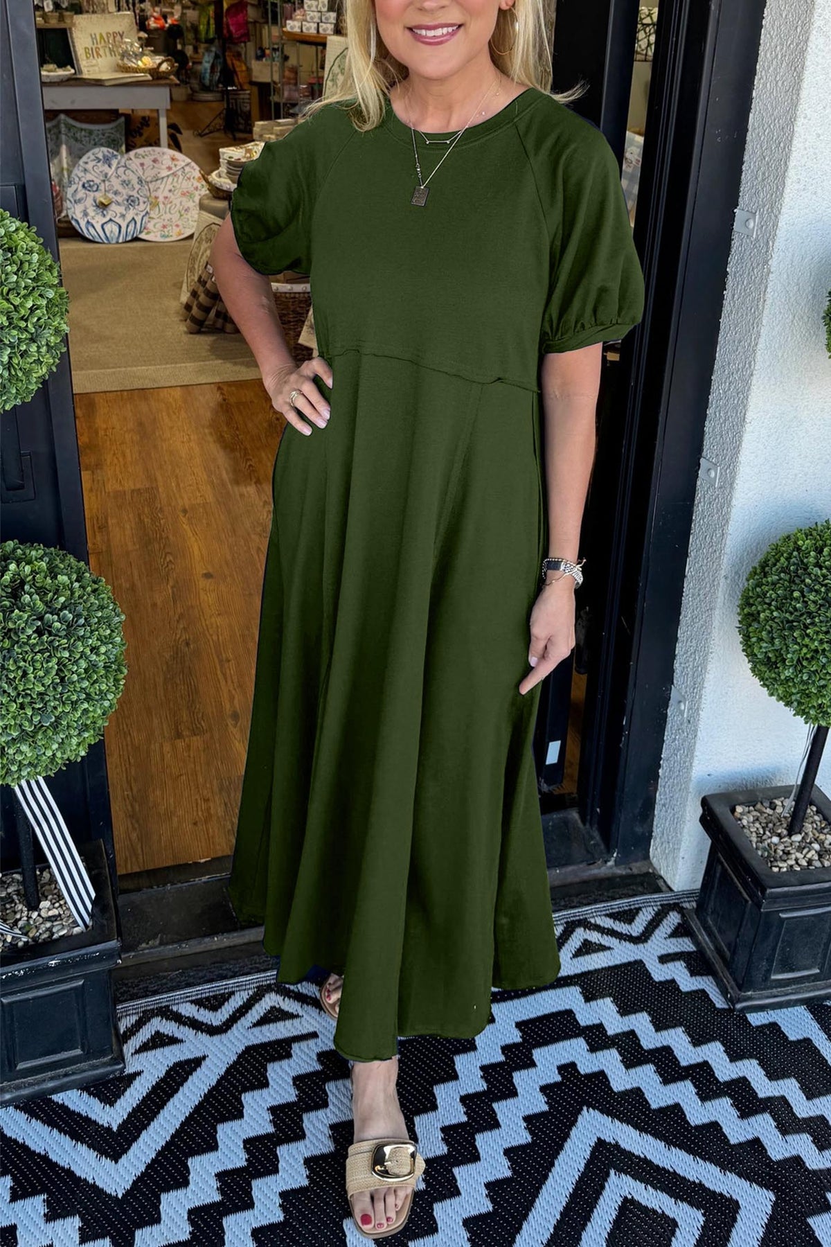 Women's Solid Puff Sleeve Long Dress With Pockets