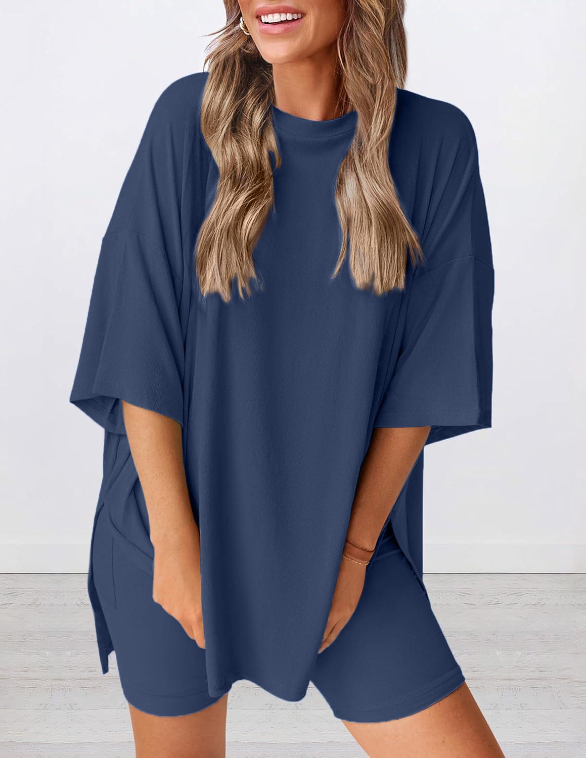 Women's Round Neck Side Slit Short Sleeve Top Tight Shorts Set