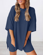 Women's Round Neck Side Slit Short Sleeve Top Tight Shorts Set