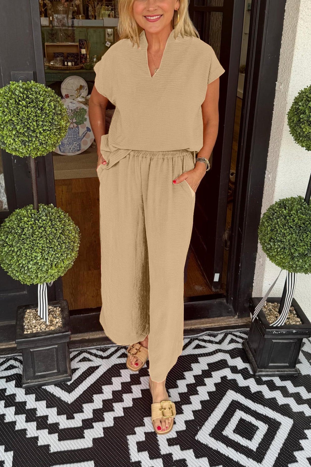 Women's Summer Casual Lightweight V-Neck Two piece Set