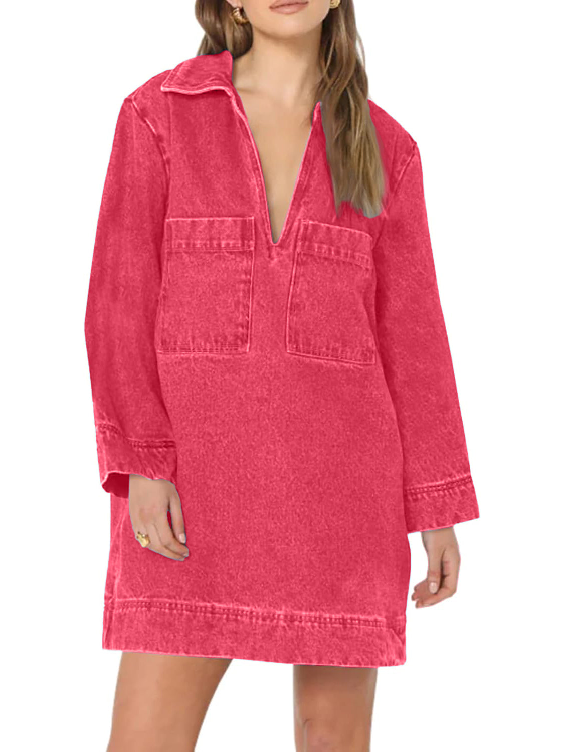 Women's Deep V Neck Denim Shirt Dress with Pockets