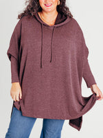 Women's Oversized Bat Sleeve Ribbed Hooded Pullover