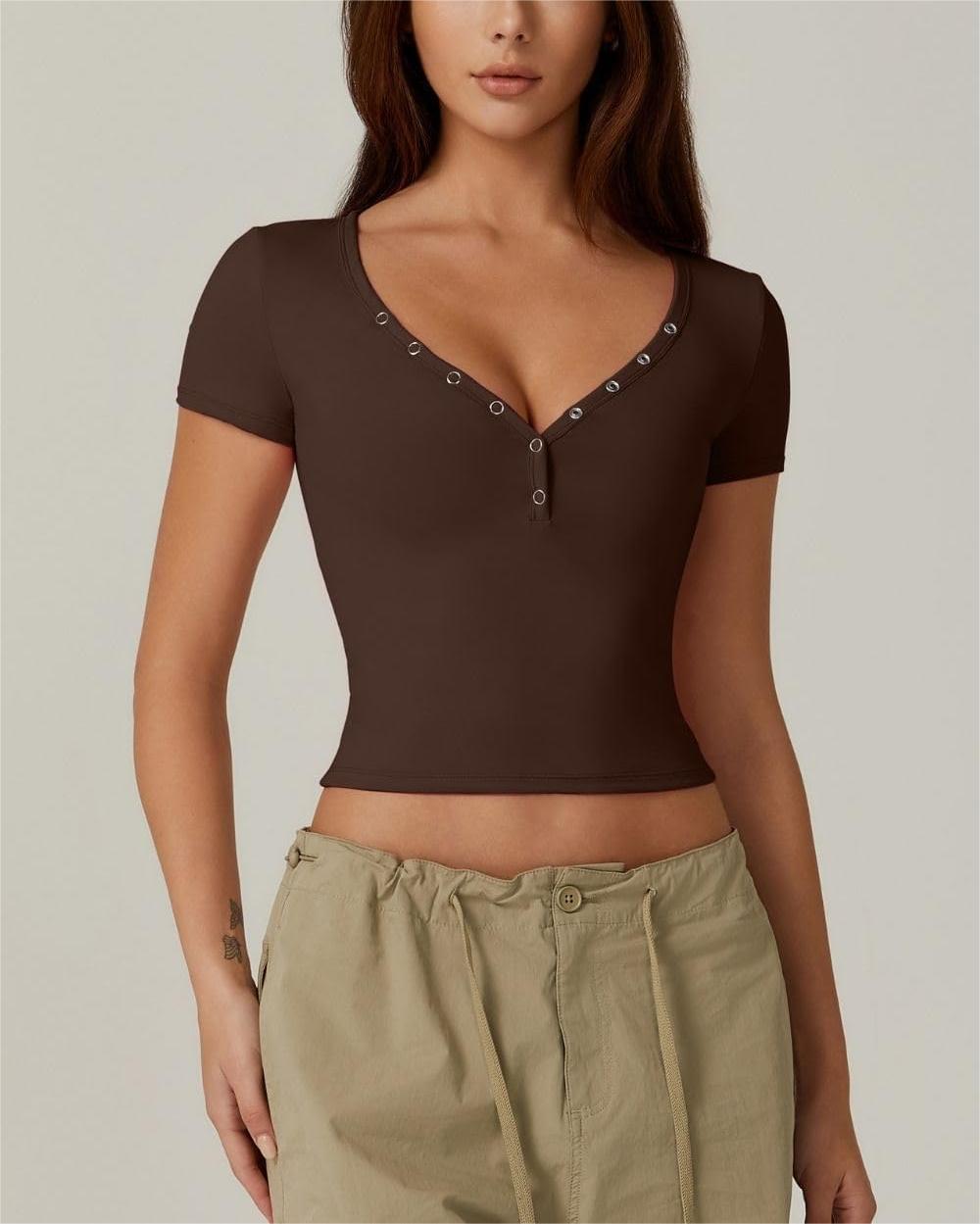 Women's V Neck Button Fit Cropped Top